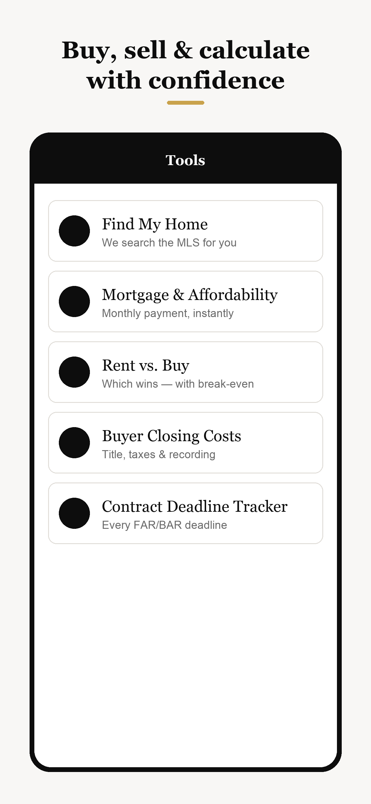 Buyer and seller tools screen in the Divito Real Estate app