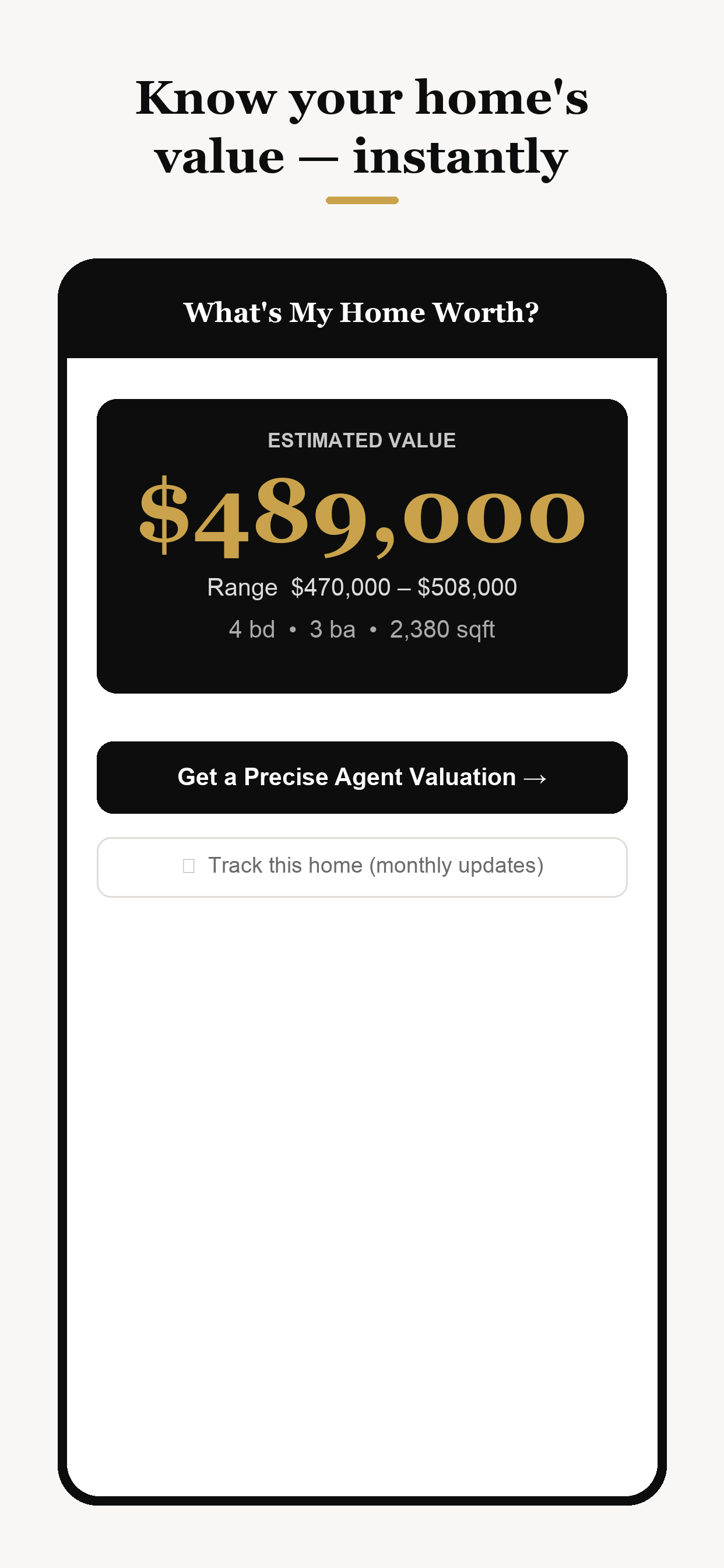 Divito Real Estate app showing an instant home value estimate