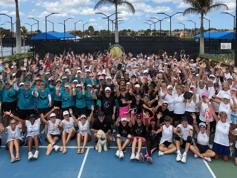 PGA Verano Cresswind Kolter Cup players gathered on the pickleball courts at Club Talavera, Port St. Lucie